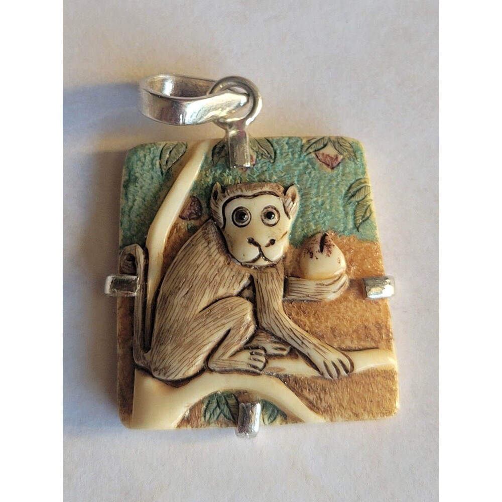 Vintage Carved Monkey Pendant Sterling Silver Chinese Zodiac Year Folk